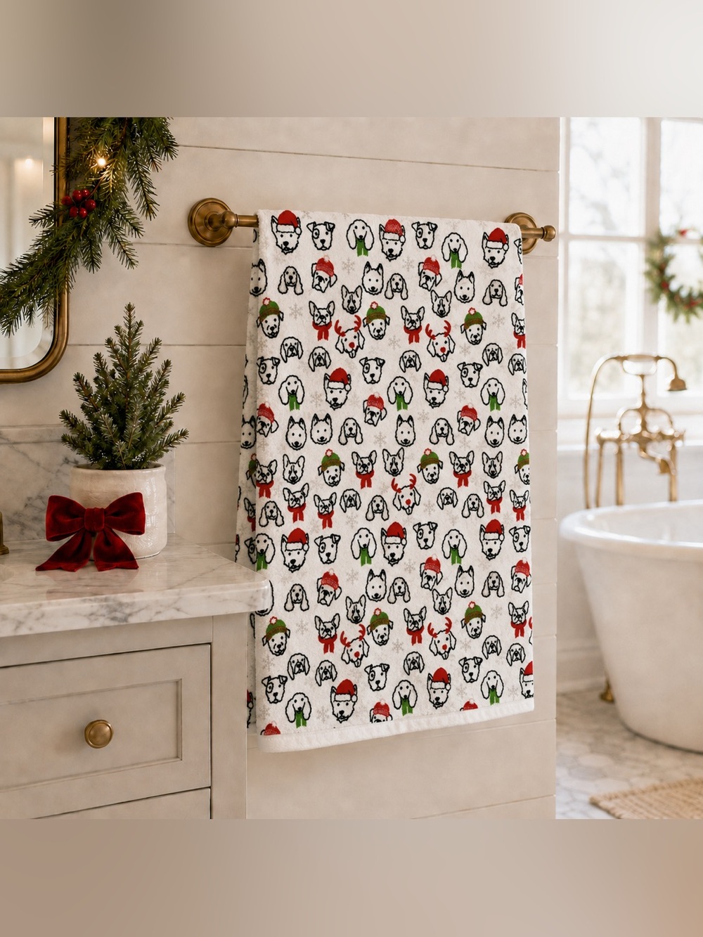 CASABA home - Christmas puppy dog red, green, white, and black beach towel - use